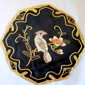 Vintage Chinese Hand Embroidered Octagonal Black & Gold Silk Mat Bird, 8.5"